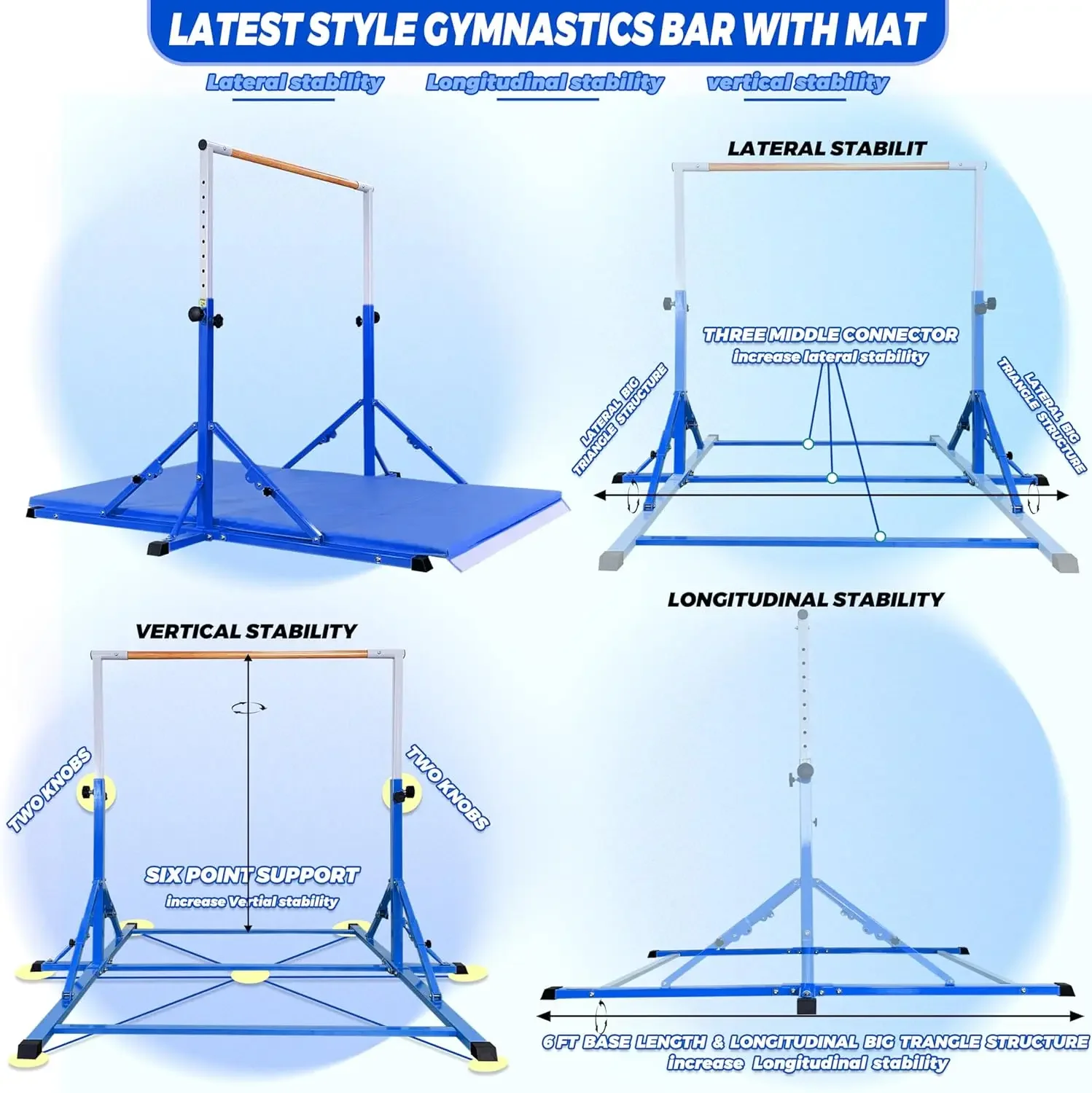 Bar For Kids and Teenage Ages 3-25 5 FT / 6 FT Base Length  Height Gymnastic Kip Bar Horizontal Bar For