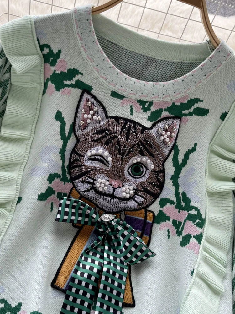 American Vintage Harajuku Sweater Women\'s Autumn Winter New Diamonds Cat Bow Embroidery Cartoon Pullover Fashion Commuter Top