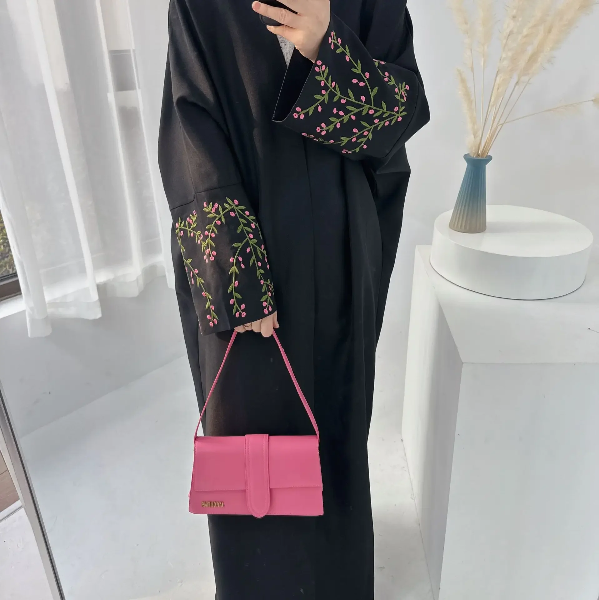 

Cotton Linen Open Abaya Floral Embroidery Kimono Muslim Hijab Dress Abayas for Women Dubai Turkey Islamic Modest Clothing Kaftan