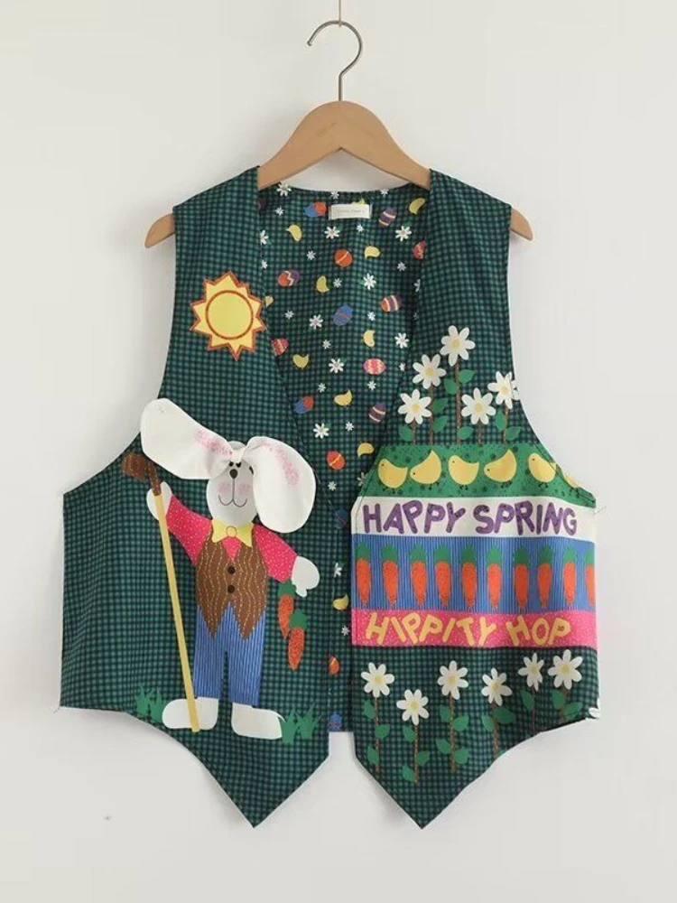 

Korobov Summer Kawaii Cute Vintage Retro Prairie Chic Cartoon Animal Print Thin Vests