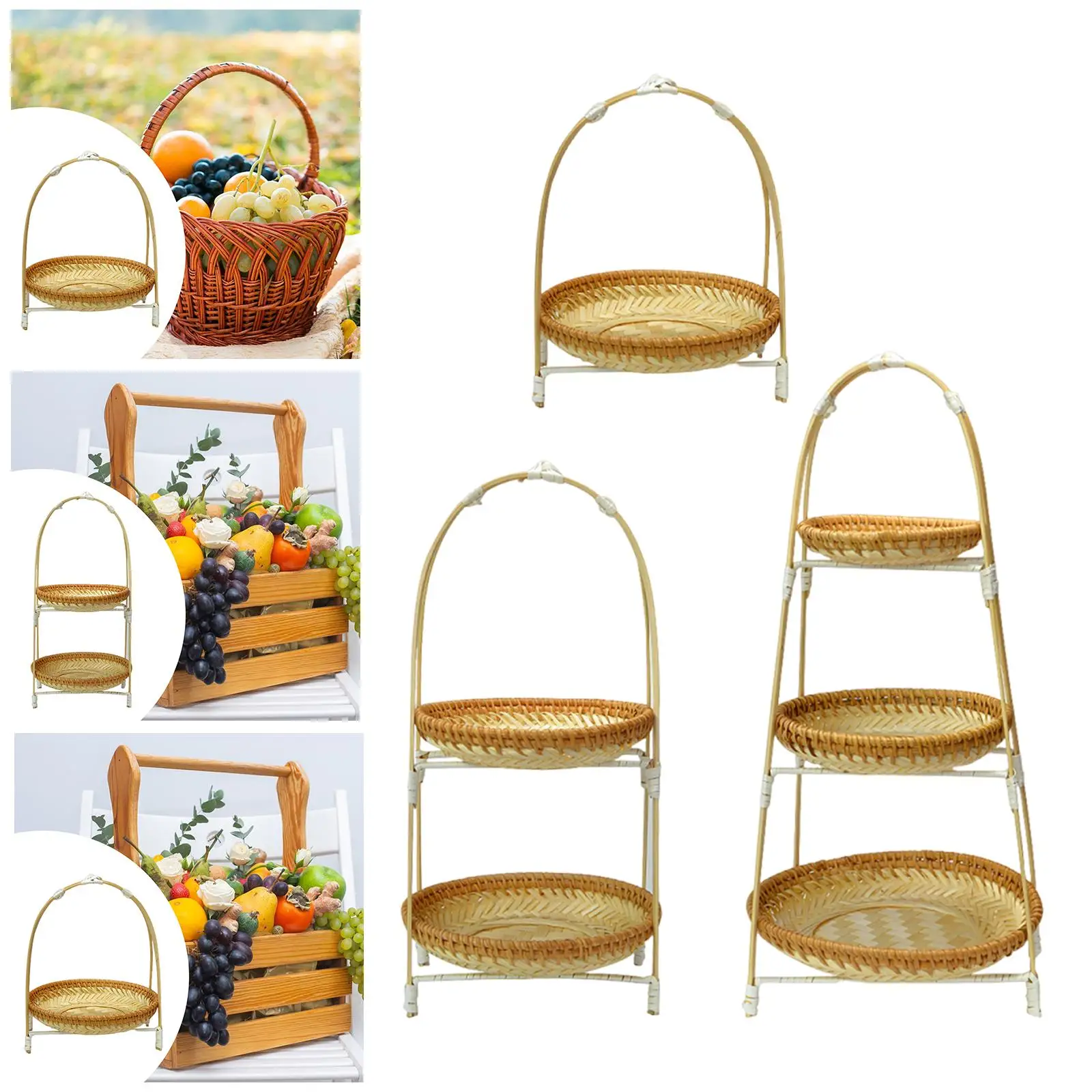 

Bamboo Basket Tray Rustic Fruit Food Storage Bowl with Handle Serving Tray