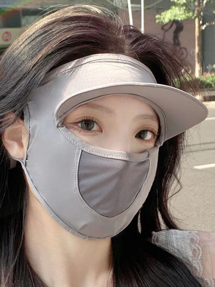 Women Sunscreen Mask Hat Outdoor UPF50+ One-Piece Summer Facekini Anti-Ultraviolet Nylon Dust Shade Solid Color