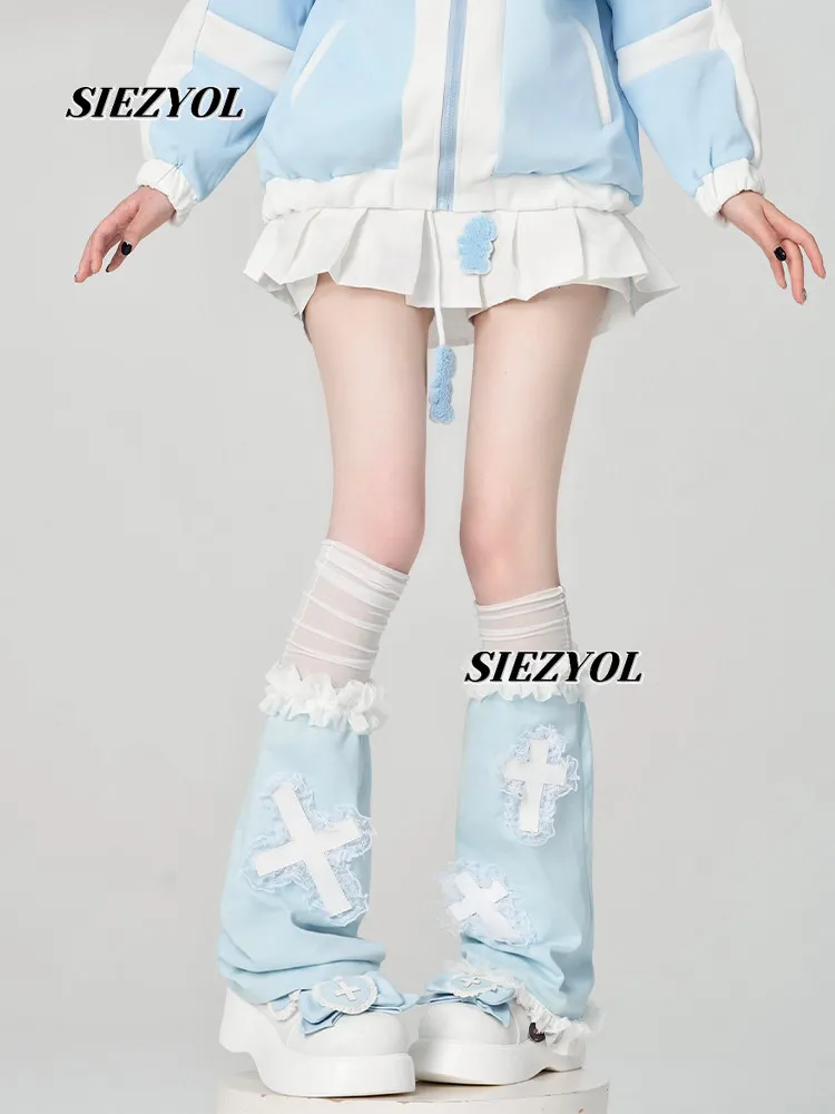 Original Homemade Subculture Y2K Sweet Girls Leg Cover Two-dimensional Blue White Cross Lace Edge Babes Cosplay Socks