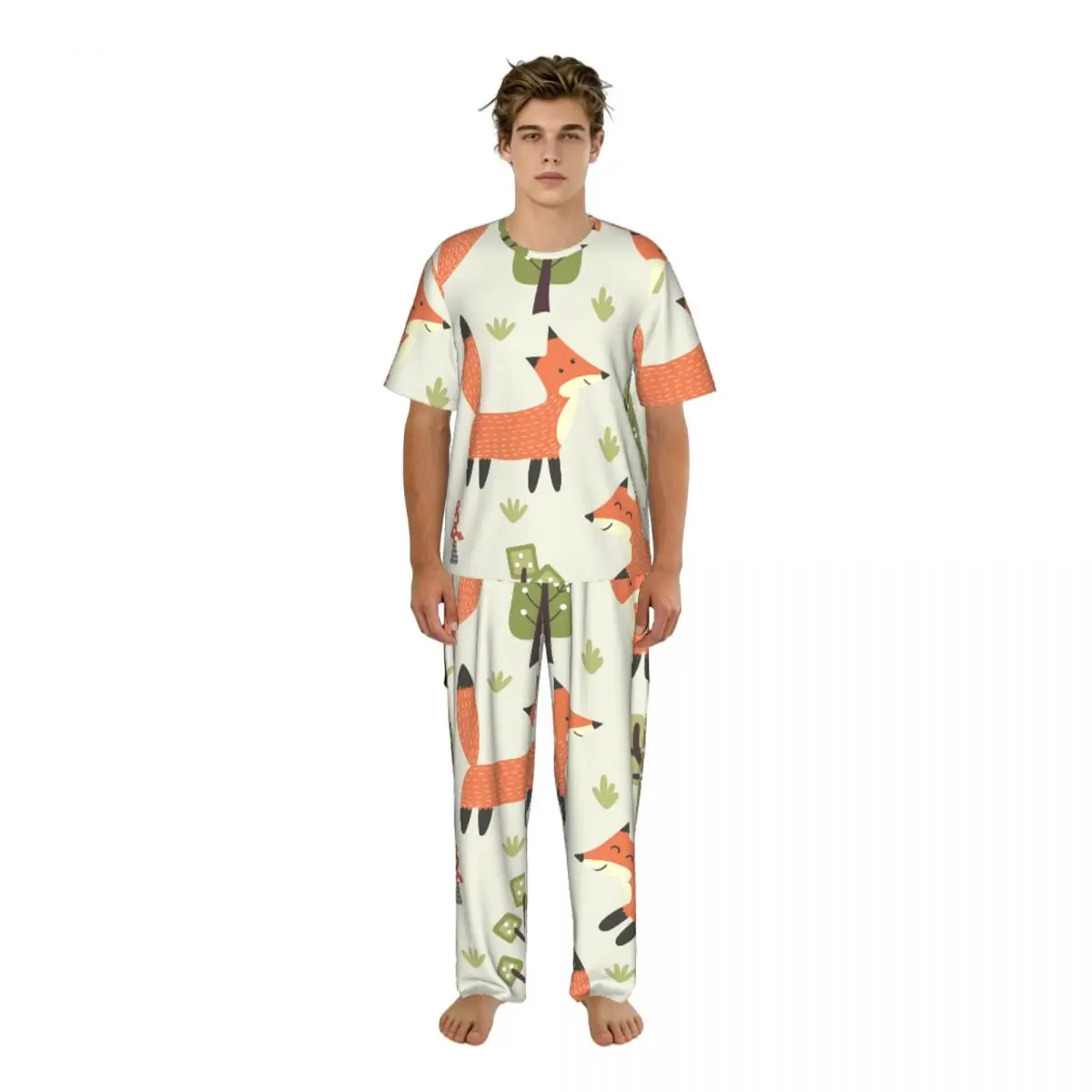 

Мужской пижамный костюм с короткими рукавами и длинными брюками, пижама с милым изображением лисенка и лесного дерева, летний комплект домашней одежды