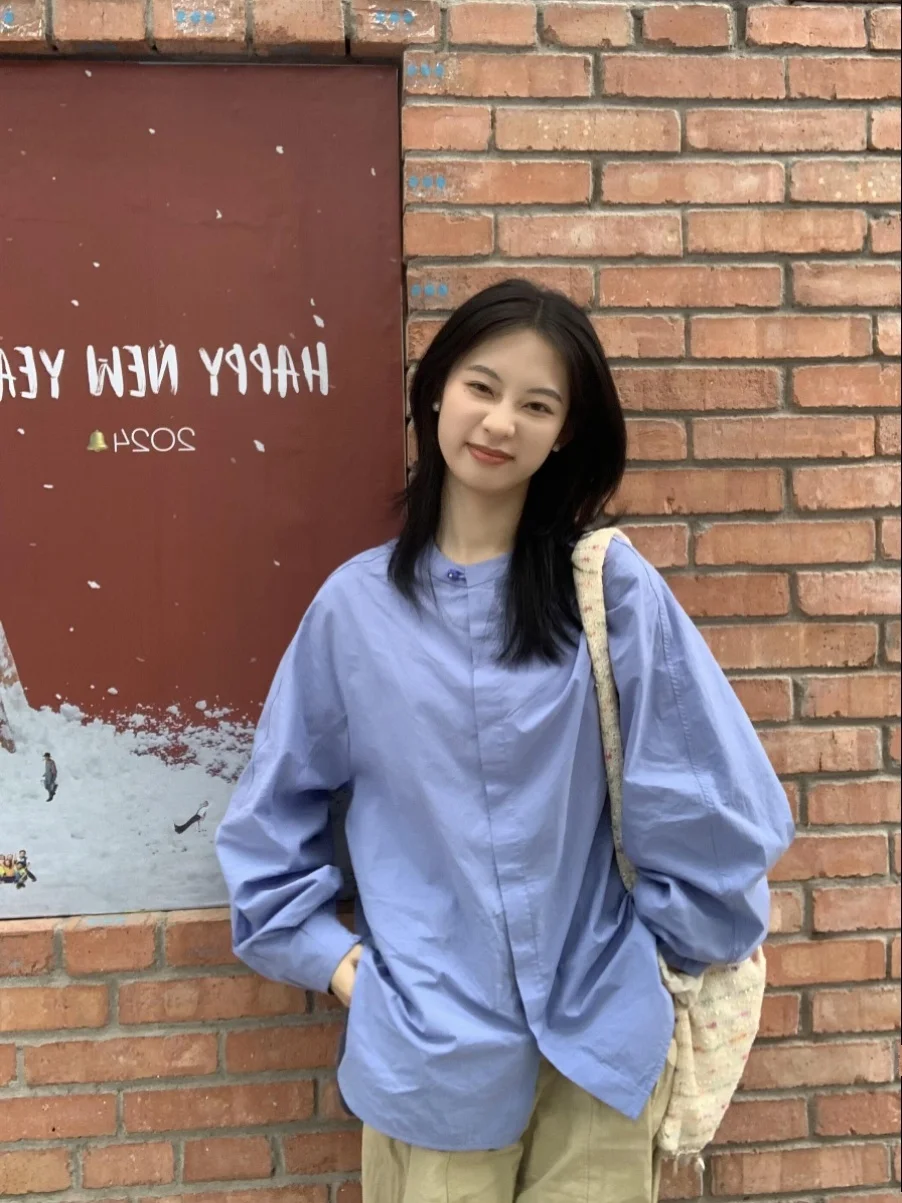 

Синяя женская блузка с уникальным 3D-дизайном пуговиц, новинка весенней коллекции, свободный крой, длинный рукав, для повседневной носки, из чистого хлопка.