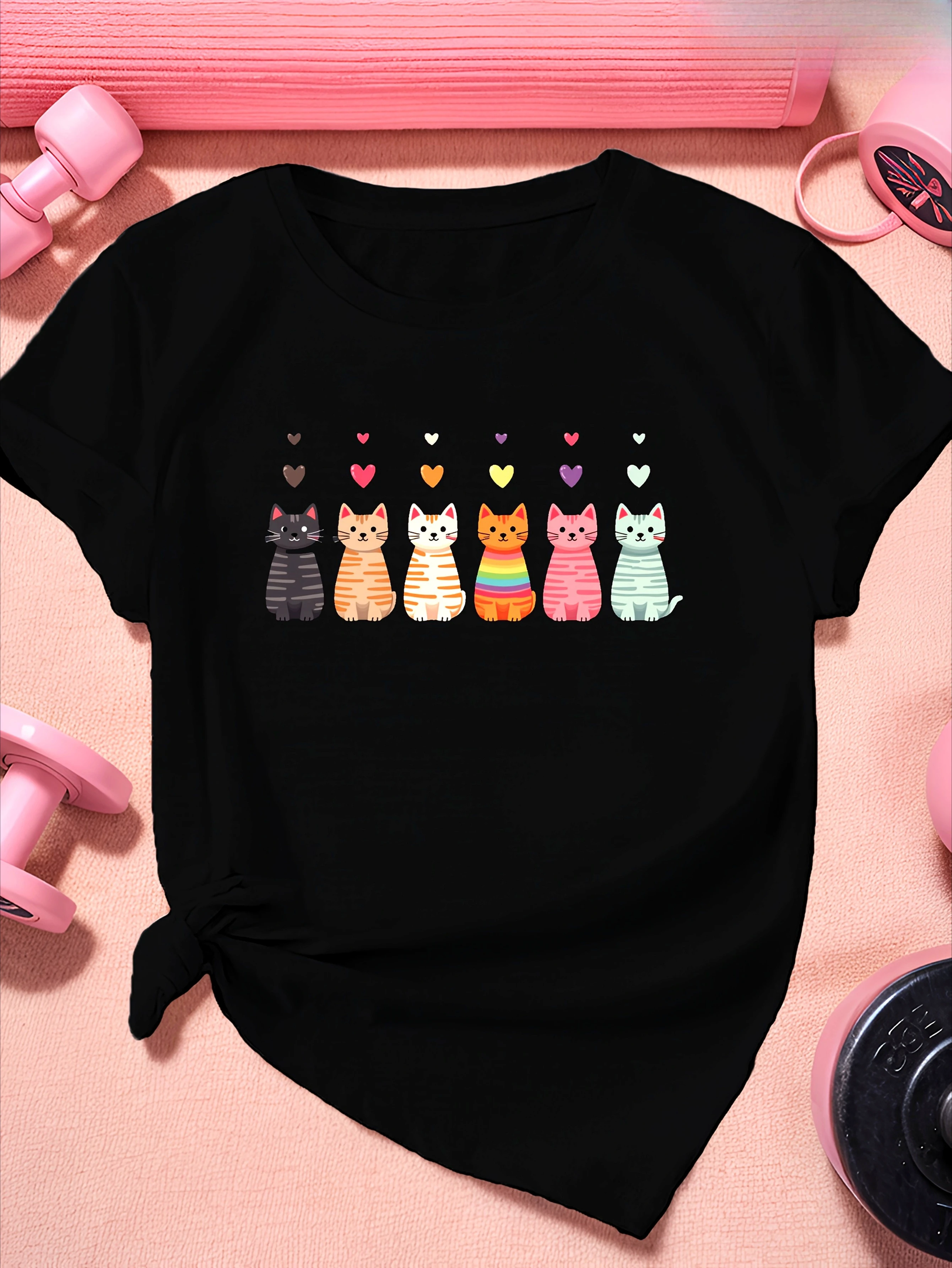 Cartoon Style Cat Figures Printed Women's Cute Round Neck Short Sleeve T-Shirt Casual Soft Summer Women Tshirt Clothing