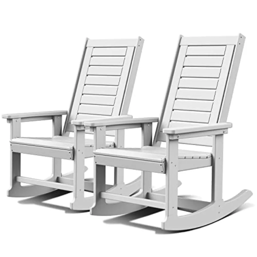 

Outdoor Rocking Chairs Set of 2 Porch Rocker HDPE Plastic White Oversized Rockers High Back Big Tall Ladder Back for