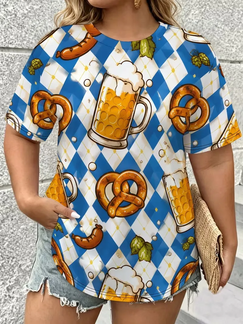 Women Plus Size Oktoberfest T‑Shirt Bavarian Check Beer Mug Pretzel Sausage Hop Short Sleeve German Festival Party Tee Tops