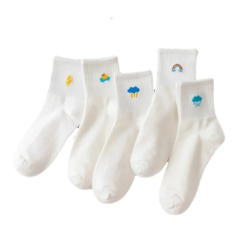 5 Pairs of Women's Socks Set Spring and Autumn White Cartoon Socks Women's Cute Pure Cotton Weather Socks Fun Sock