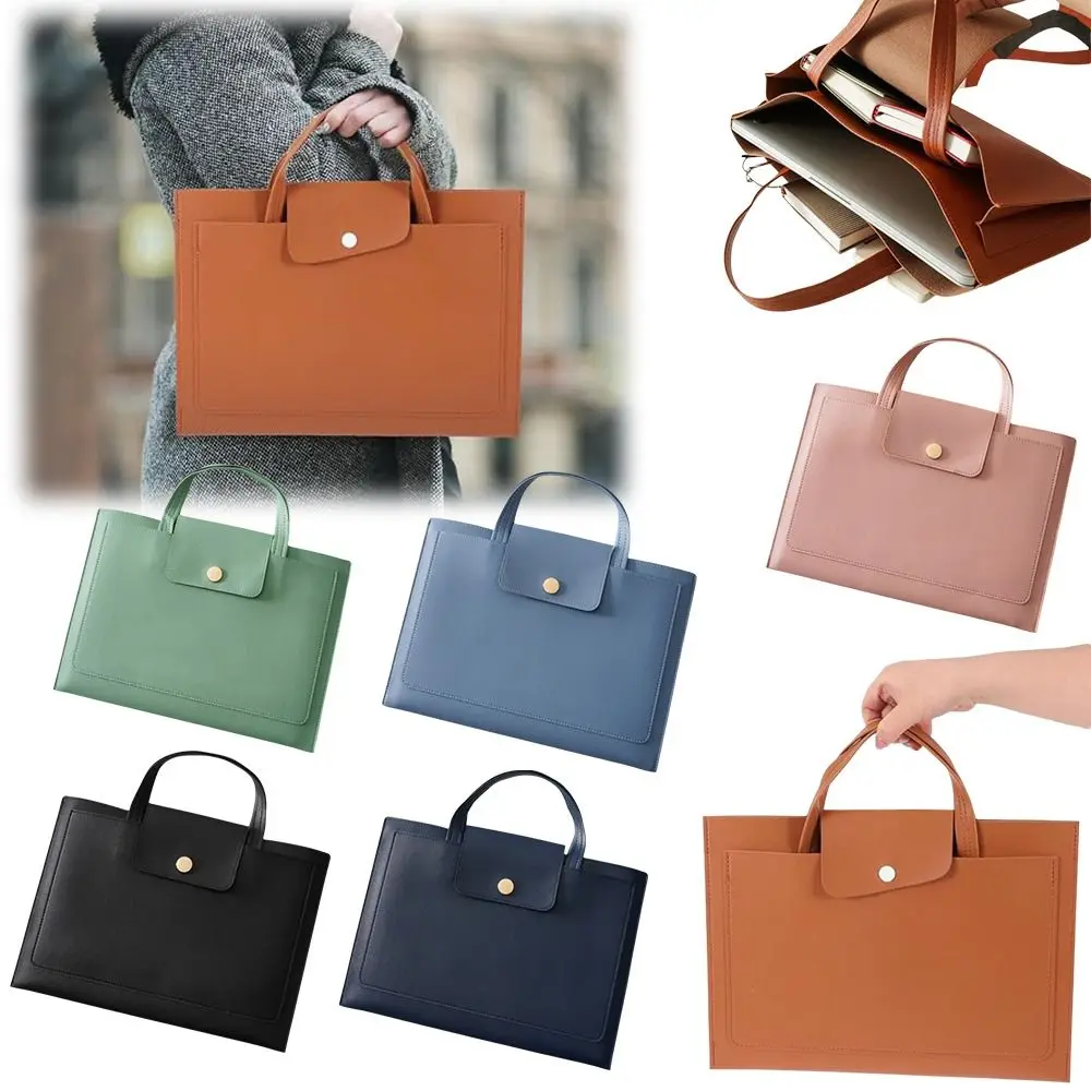 Large Capacity A4 Leather Document Bag Simple Magnetic Button Double Layer File Folder Lightweight Portable Business Briefcase