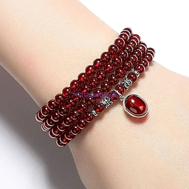 multi-ring necklace 925 silver jewelry women's 4-ring 108 bra Collectible natural garnet 5mm bracelet multi-layer