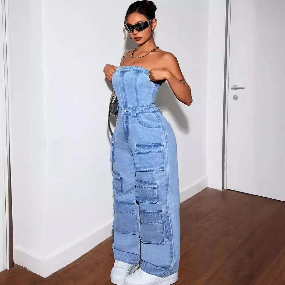 Women Denim One Piece Strapless Sleeveless Long Cargo Pants Jumpsuits Slim Fit Sexy Rompers Tight Waist Wide Leg Pant Overalls