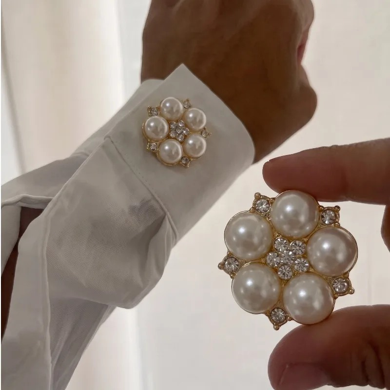 Pearl Rhinestone Cufflinks Button Covers Fashion Clothing Decoration Cute Pearl Sleeve Button Clip Women Luxury Cuff Links