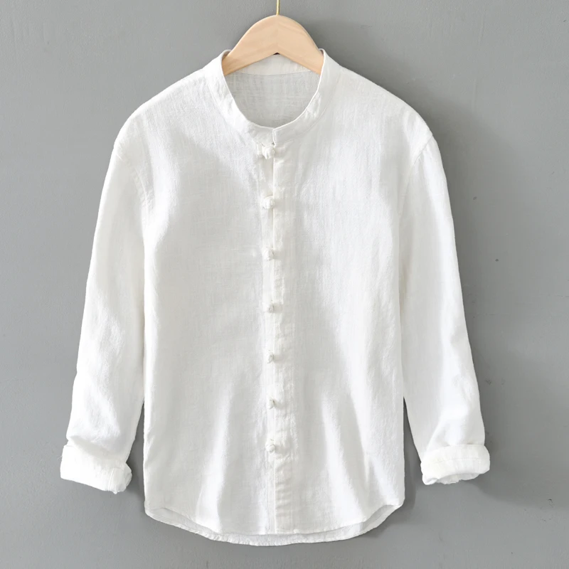 

Повседневная хлопково-льняная рубашка-куртка мужская, тонкая, с длинным рукавом, воротником-стойкой, в стиле Тан, ретро, белая, на пуговицах, свободного кроя, модная, городская, молодежная