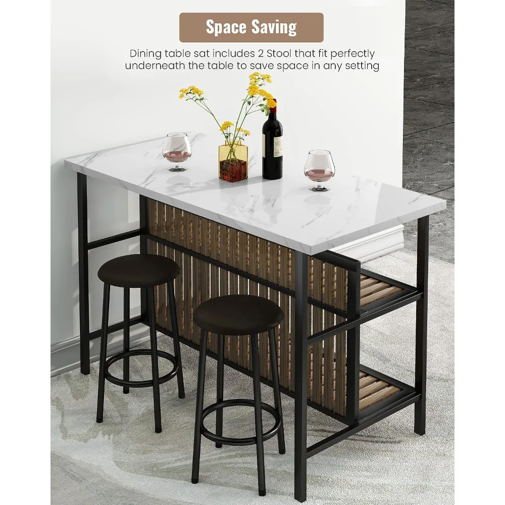 3 Piece Bar Table and Chairs Set,Industrial Kitchen Island Table with Storage and Seating,Faux Marble Kitchen, Customized