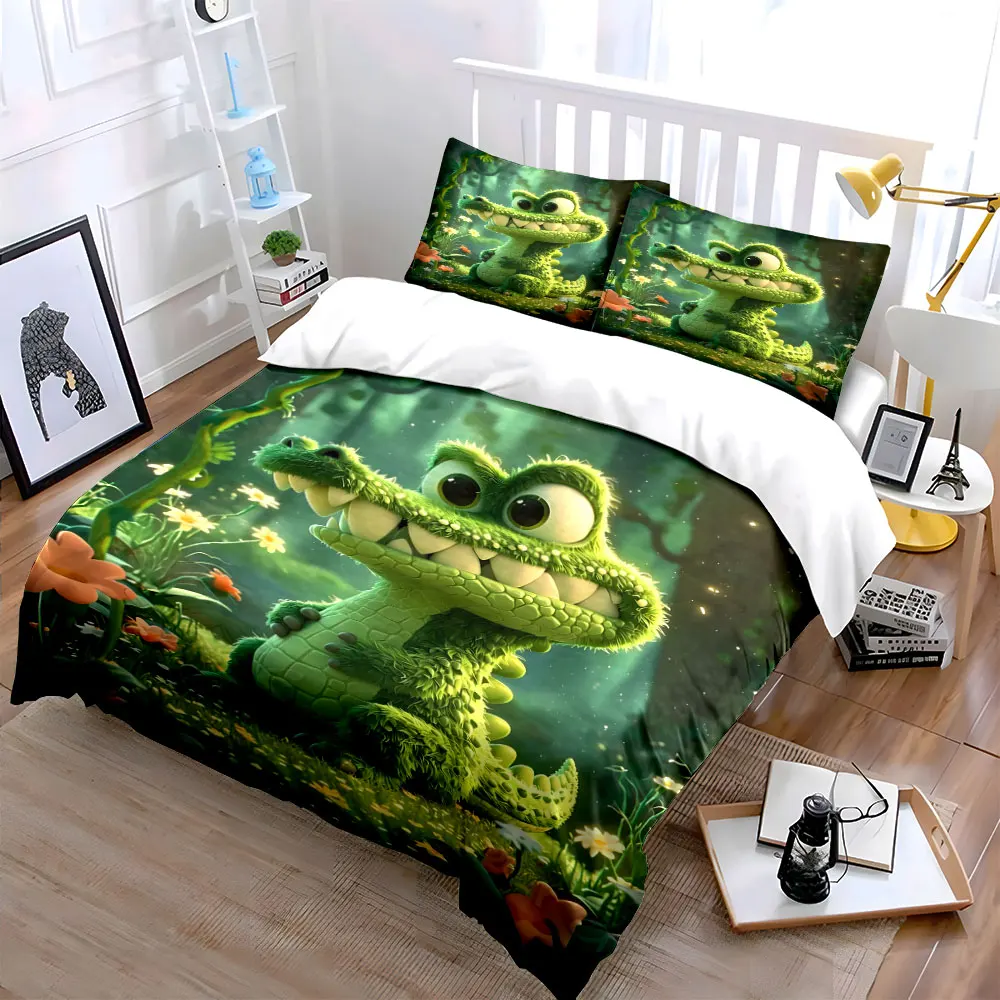 Cute Furry Green Crocodile in Forest Printed Duvet Cover Set1 Duvet Cover+2 PillowcaseMulti Size Bedroom Bedding Decoration