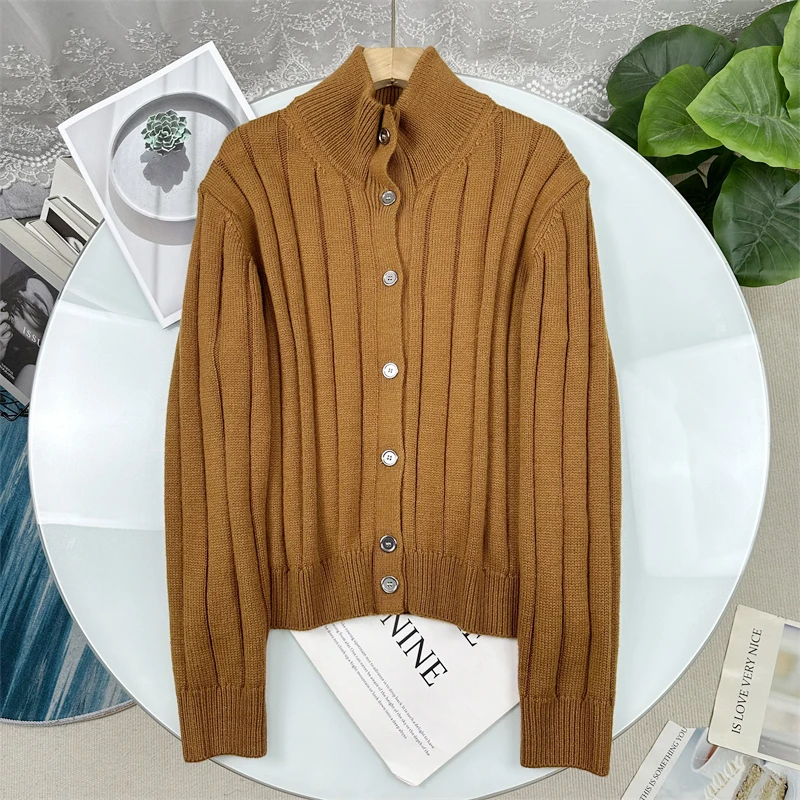 

Женский вязаный кардиган свободного кроя с высоким воротником, осенне-зимний стиль, в полоску, простой, элегантный, модный