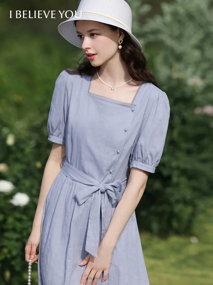 

I BELIEVE YOU Dress For Women 2024 French Square Neck Puff Sleeve Cotton Summer New Elegant Lady Chic Beach Dresses 2241095643