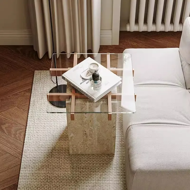 

Medieval Style Natural Travertine Sofa, Few Corners, Bedside Side Table, Retro Homestay Living Room, Square Glass