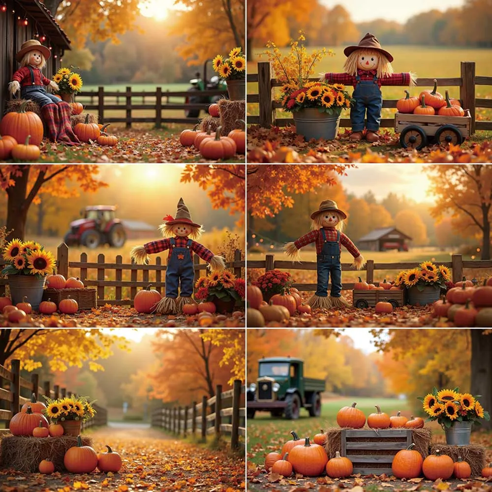 

MOON.QG Autumn Landscape Backdrop Photography Rustic Farm Haystack Scarecrow Photozone Background Baby Studio Photocall Supplies