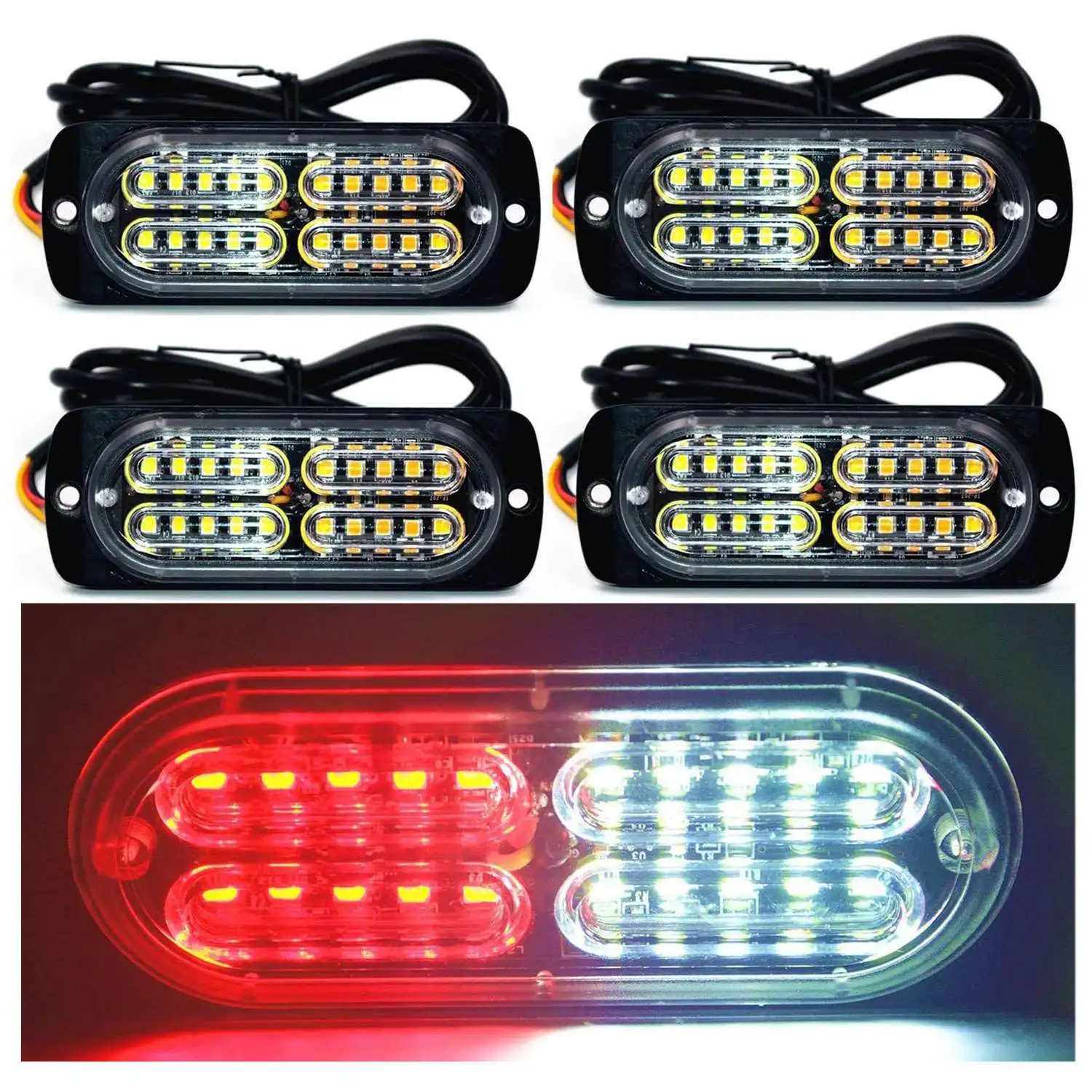 4PCS 12-24V 20-LED Warning Caution Hazard Construction Waterproof Red and White Strobe Light Bar with for Car Truck SUV