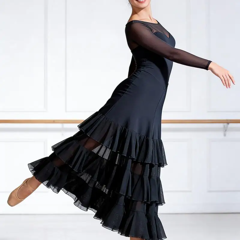 

2026 Modern Dance Dress New Ballroom Dance Waltz Ballroom Dance Large Swing Dress Table Performance Dress Long Sleeve W17001
