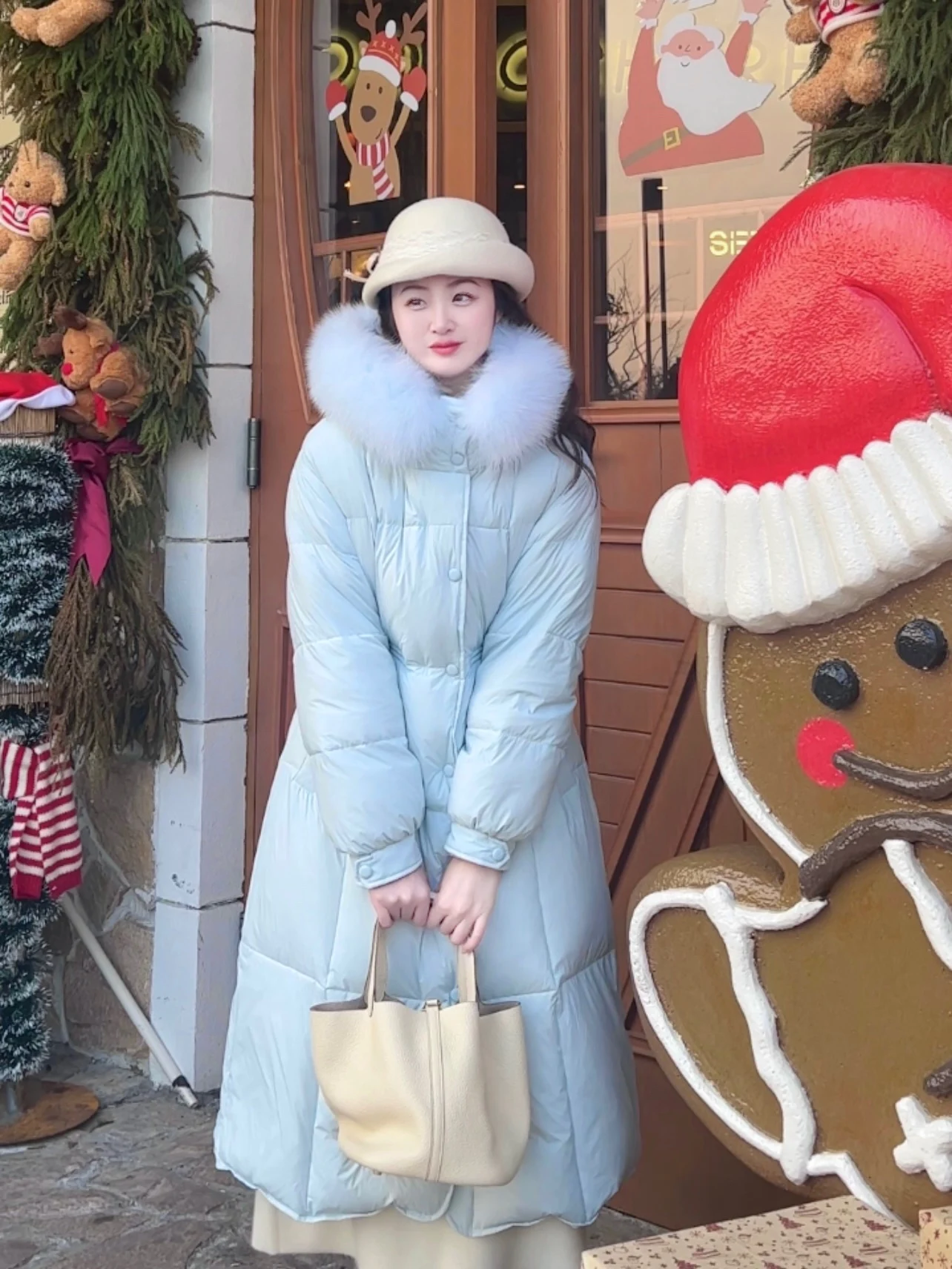 

Long Hooded down Jaet Large Fur Collar Milk Blue Light Goose Yellow Quiojoio Little Bean Bag Thiened Winter Coat for Women