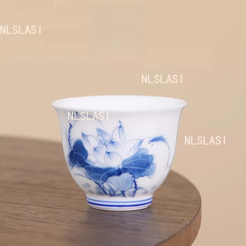 Hand Drawn White Porcelain Lotus Flower Tea Cup Blue and White Porcelain Ceramic Master Cup Single Tea Cup Drinking Utensils