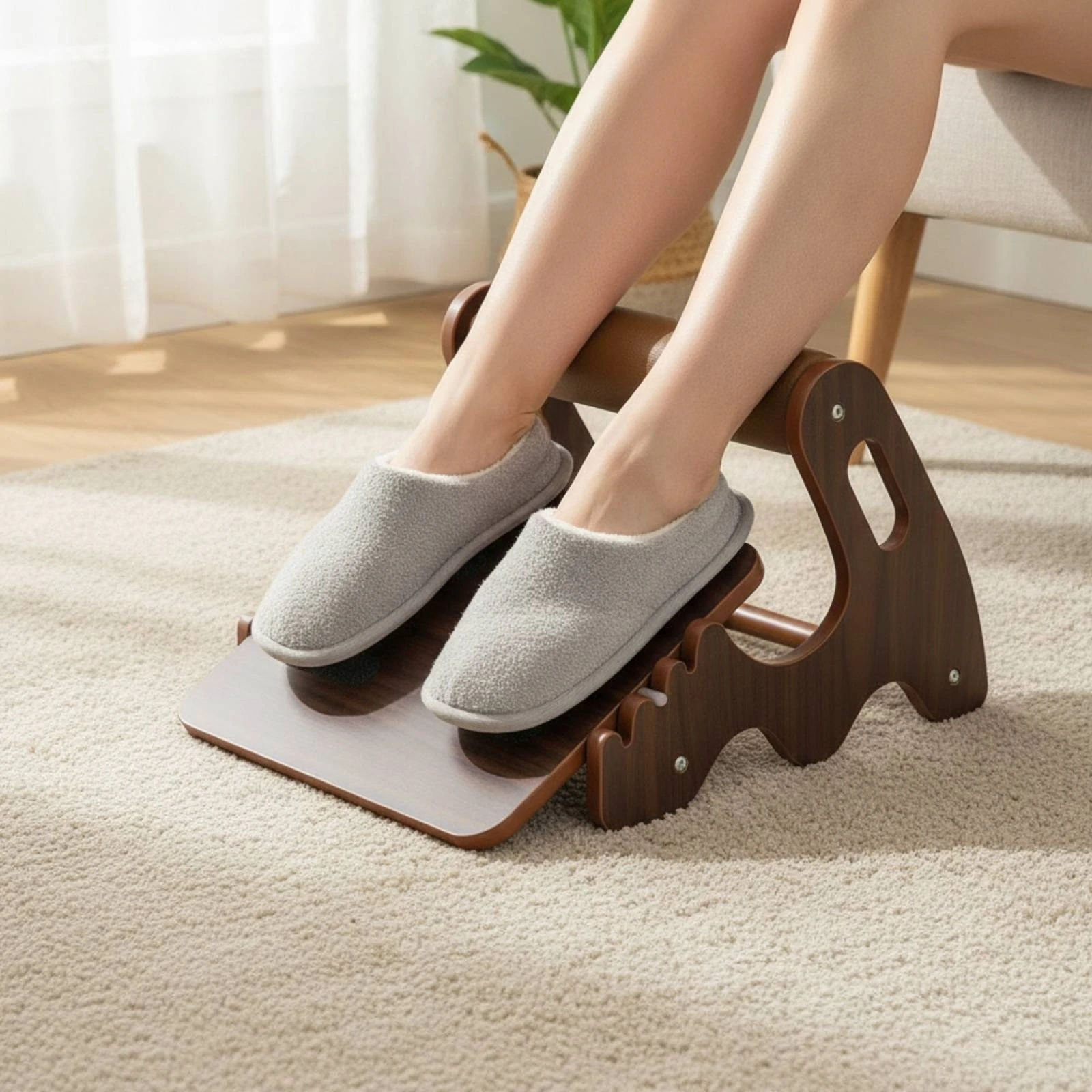 Footrest Under Desk - ローラー付きデスク下フットレスト パッド入り木製フットレスト ローラー付きフットスツール ローラー付き長持ちする脚置き台 省スペース