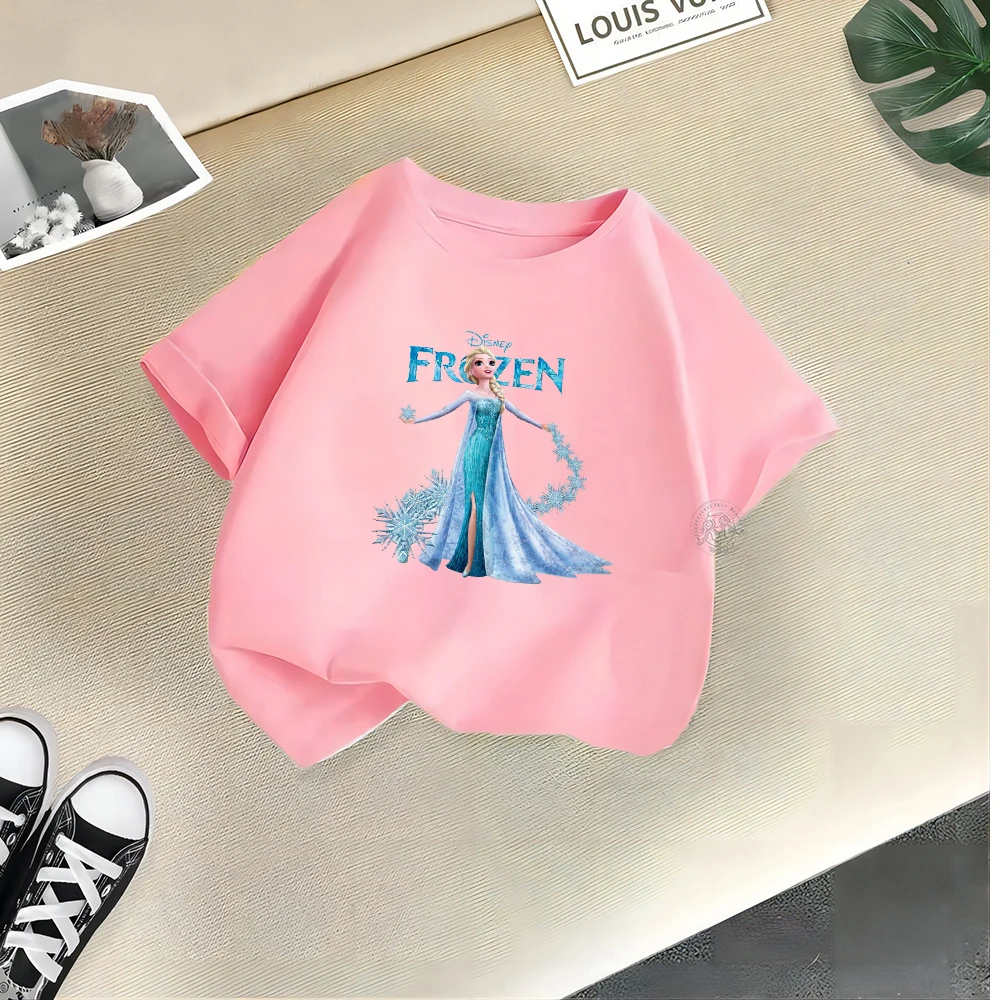 Disney Summer Cotton Playful Frozen Girl T-shirt Princess Elsa Creative Print Street Y2K Casual cotton top Outdoor sports top