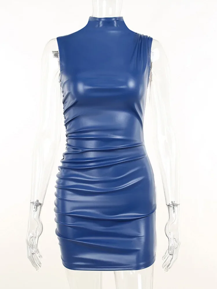 ฤดูหนาวใหม่แขนกุด PU หนังมินิชุดผู้หญิง Robe คอเต่า Bodycon Ruched เซ็กซี่สั้น Vestido