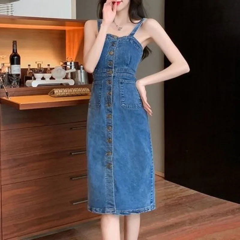 

Women Denim Dress 2025 Summer Vintage Single Breasted Long Suspender Bodycon Dresses Female All-match Jeans Mujer Vestido