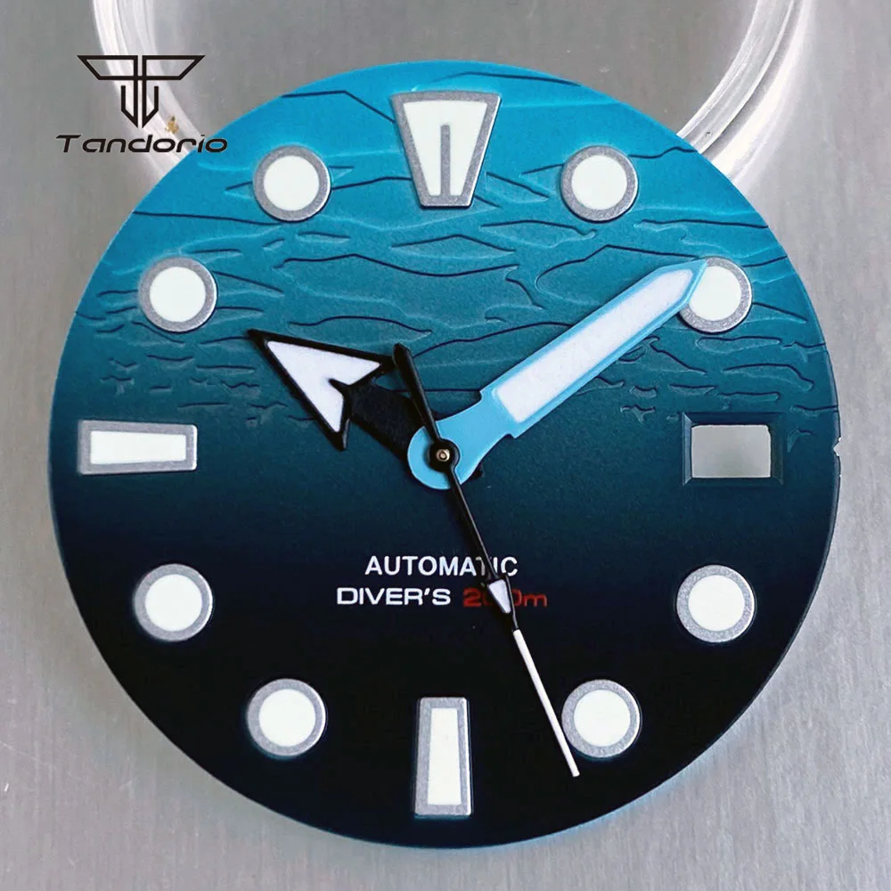 

Подходит для NH35, 29 мм, матовая текстура синего океана, циферблат для часов, градиент цвета, окошко даты, набор стрелок, зеленый люм, наручные часы, аксессуары для лица