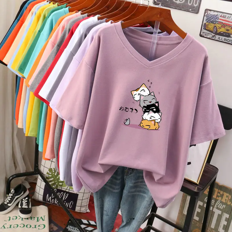 Plus Size 5XL 140KG Summer Cotton T Shirt For Women Kawaii Cat Tees Short Sleeve V Neck Large Tops Oversized Tees