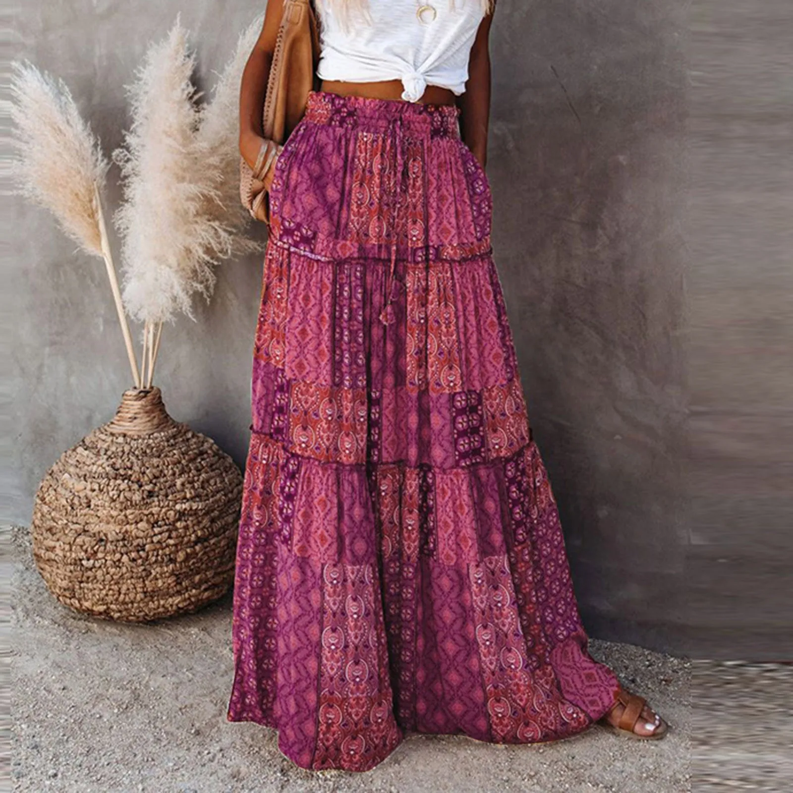 Saia Boho com Elástico na Cintura Feminina, Saias Longas e Flowy com Bolsos, Saias Boêmias para senhoras, Verão, 2024