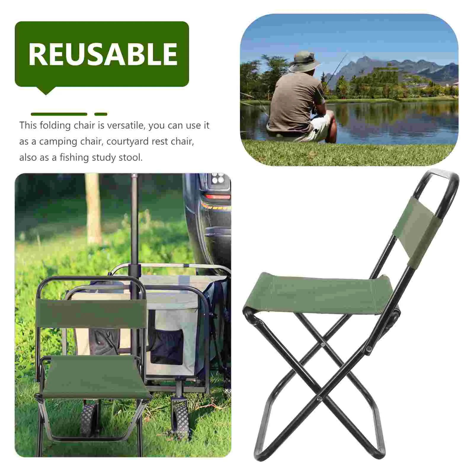 Small Square Stool with Backrest Reclining Chaise Lounge for Adults Outdoor Foldable Camp Compact Folding