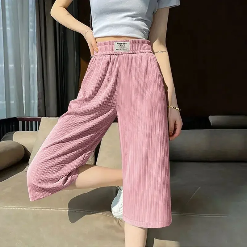 طيات الكورية السراويل واسعة الساق الصيف رقيقة بلون عالية الخصر مرونة الملابس النسائية كل مباراة مستقيم فضفاض السراويل الجديدة