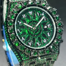 2024 Hip Hop Green Diamond Watche For Men Fashion Automatic Date Quartz Clock Dress Square Iced Jewelry WristWatch Man For Gift