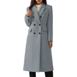 New Women's Solid Double Breasted Cardigan Large Coat Autumn Winter Woolen Coat Women Long Sleeve Turn-down Collar Woolen Coat