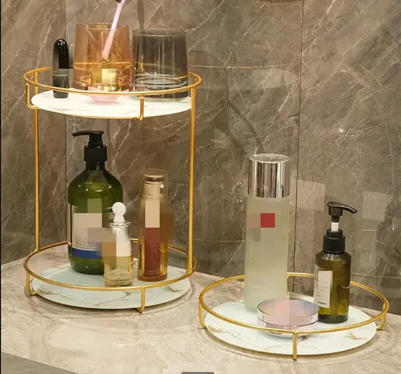 Wrought Iron Glass Storage Rack Dressing Table Cosmetic Shelves Double Shelf Tray Organizer Decorative Display Stand