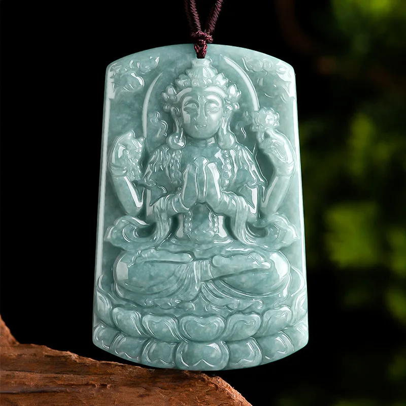 

Natural Burma Jade Thousand Handed Avalokitesvara Blue Water Jadeite Pendant Zodiac Rat Guardian God Benming Buddha Jewelry