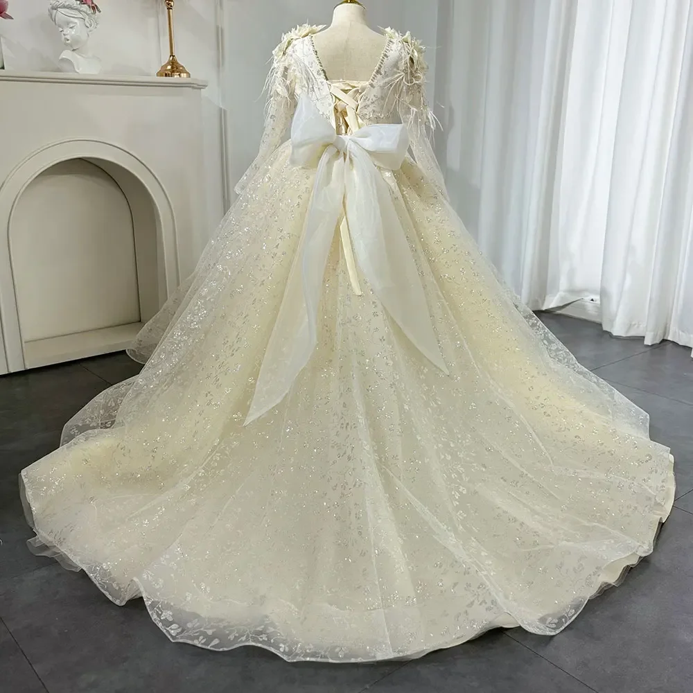 

Ivory Flower Girl Dress Long Lace Sleeve Sequin Ball Gown Wedding Gown First Christmas Party Dress With Train For Girlsفسات