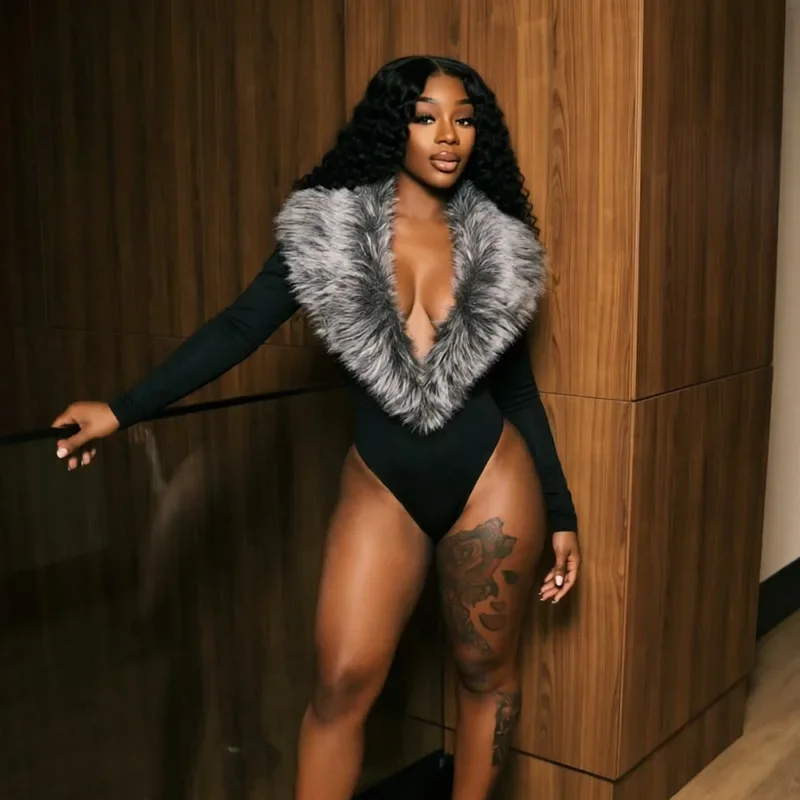 Women Sexy Faux Fur Collar Patchwork Skinny Bodysuits Deep V-neck Gloves Full Sleeve Slim Casual Rompers Streetwear Tees Tops
