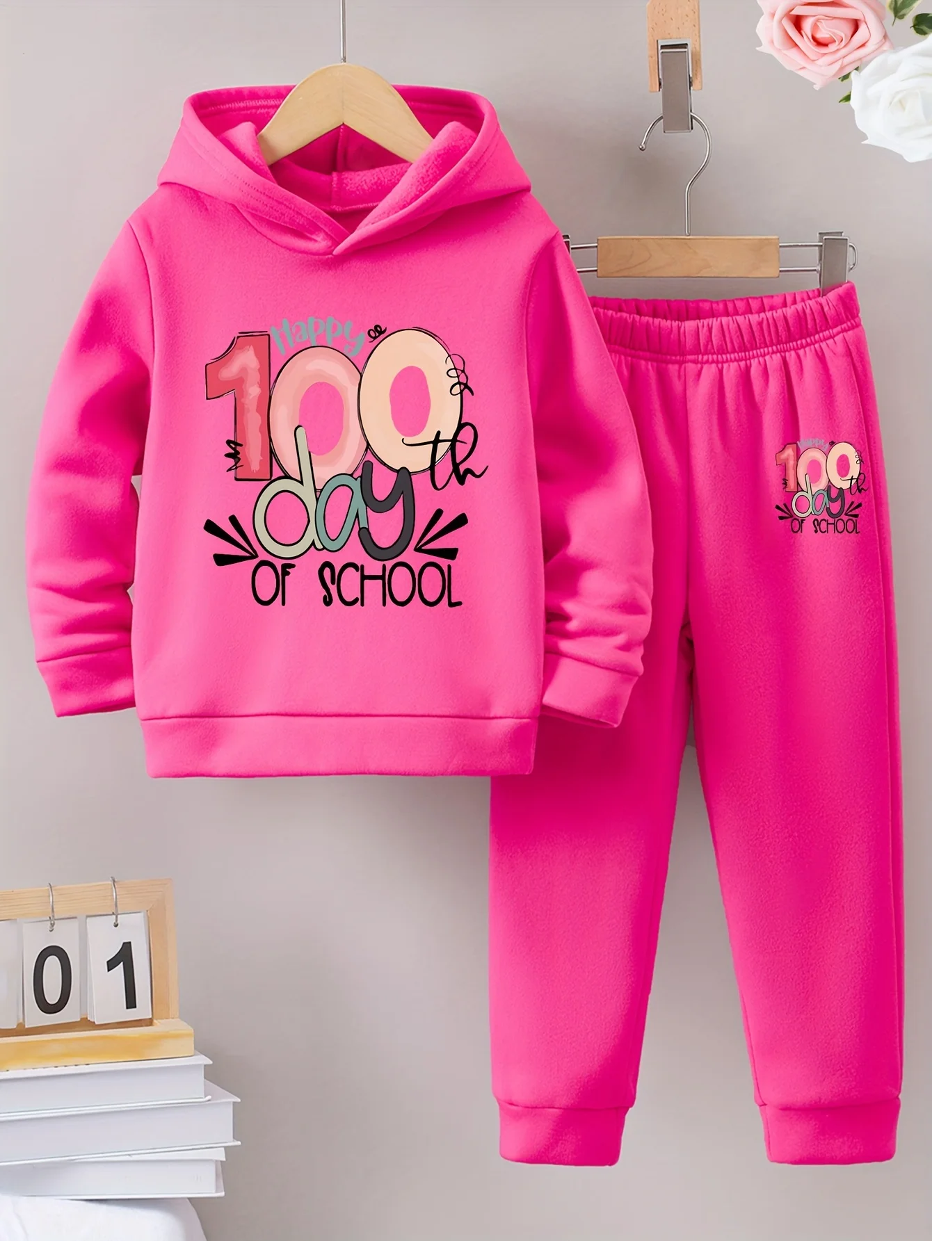 2sets Girls Fall/Winter Pattern printed with fleece warm lined hoodie and tracksuit pants