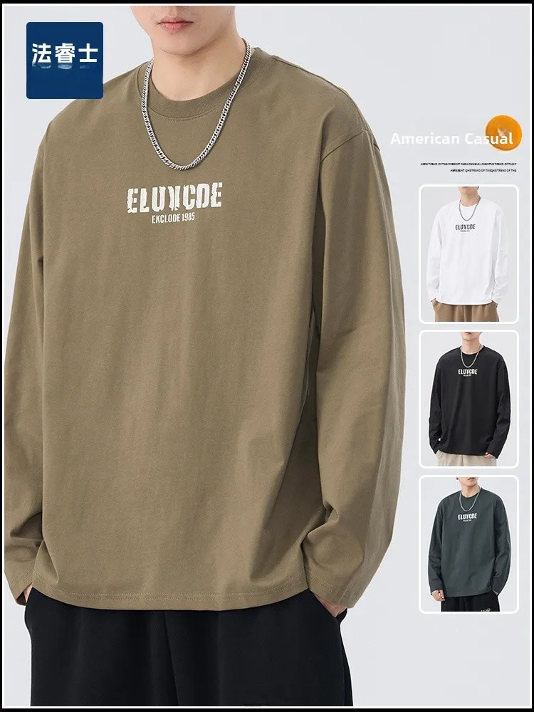 

Spring Autumn Loose Long Sve T-irt Men's 2025 New American Trend Brand Youth Sports Top M Model Printed Cotton Polyester