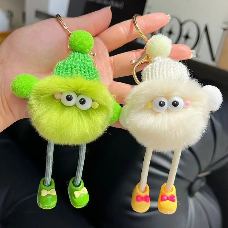 Fluffy Plush Monster Keychain Cute Knitted Hat Long Leg Pom Pom Doll Pendant Key Ring for Kids Back to School Gift
