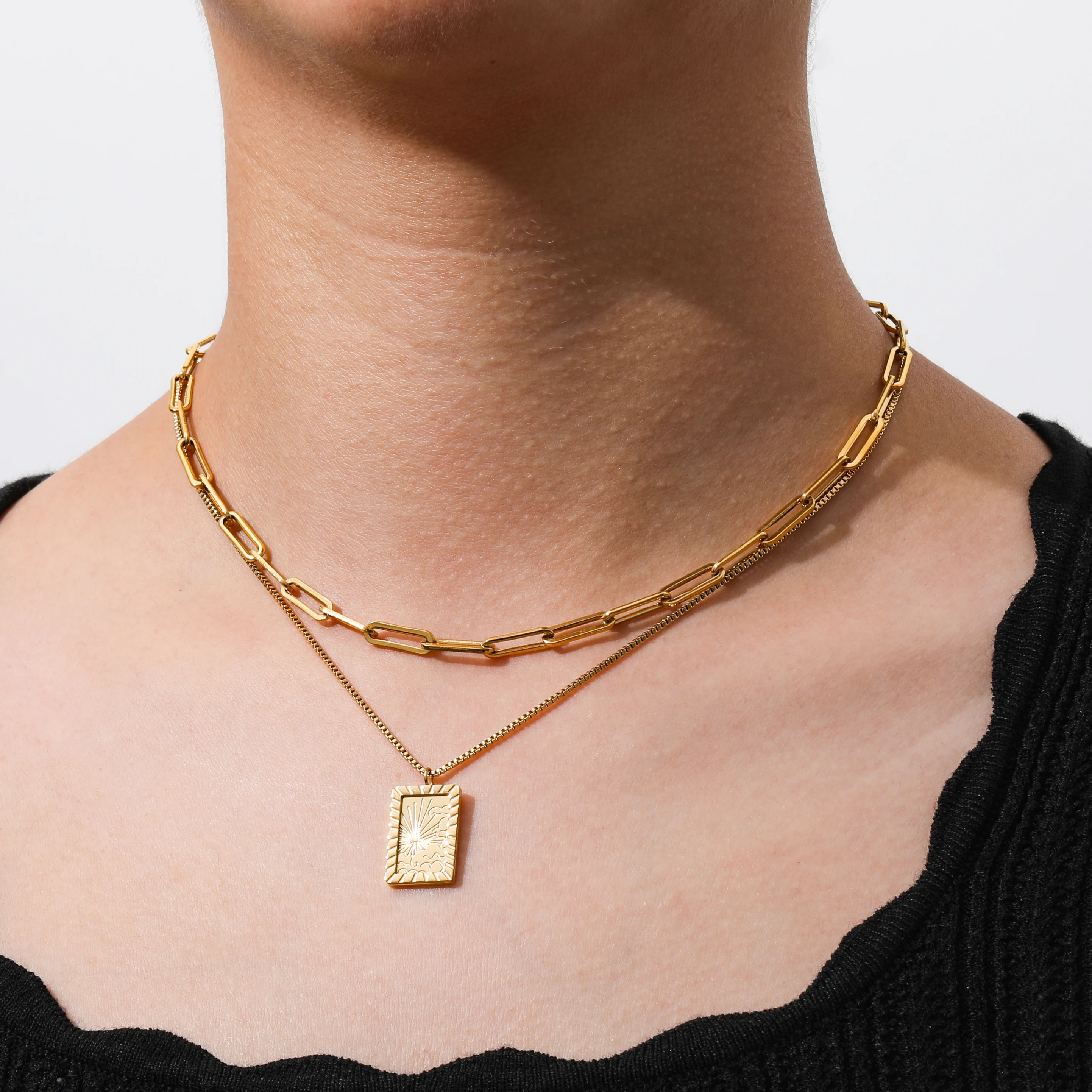 Joolim Jewelry High End PVD Wholesale No Fade Symple Sun Rectangular Sign Pendant Stylish Stainless Steel Necklace For Women