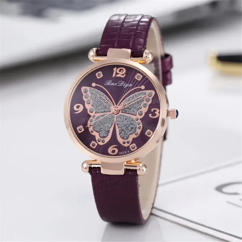 Butterfly Pattern Quartz Women's Watch PU Leather Strap Glitter MultiColor Watch Fashionable Ladies' Gift 2024 Reloj De Mujer