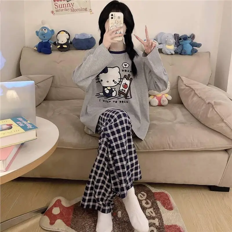 

Пижамы Sanrio Hello Kitty для девочек больших размеров, домашняя одежда для студентов, модная милая одежда для сна с длинными рукавами и брюками на весну и осень