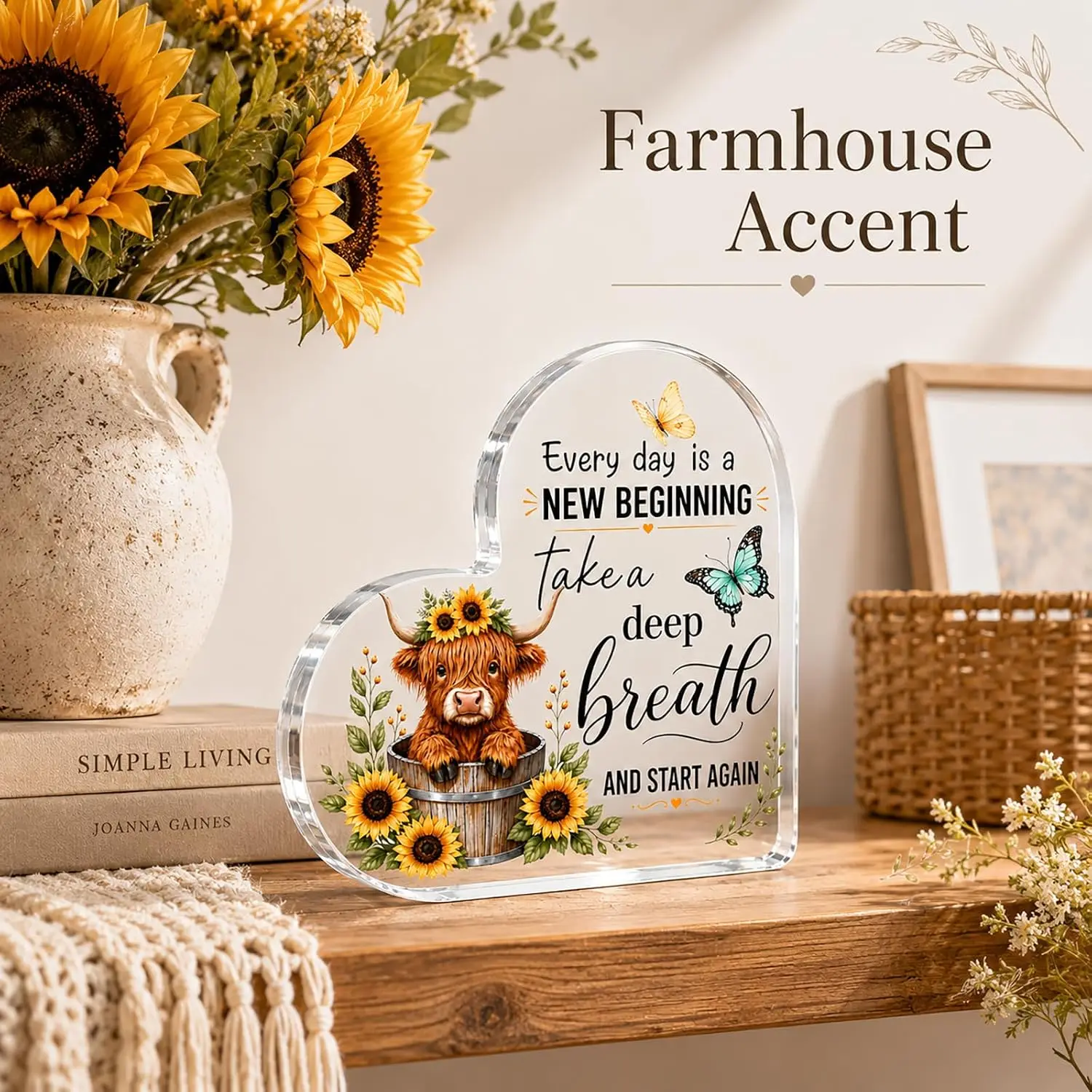 Cute Highland Cow In Wooden Barrel Heart‑Shaped Acrylic Sign, Sunflower Butterfly New Start Positive Quote Desktop Ornament
